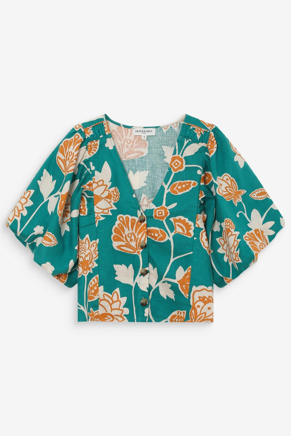 Top de lino estampado floral escote en V